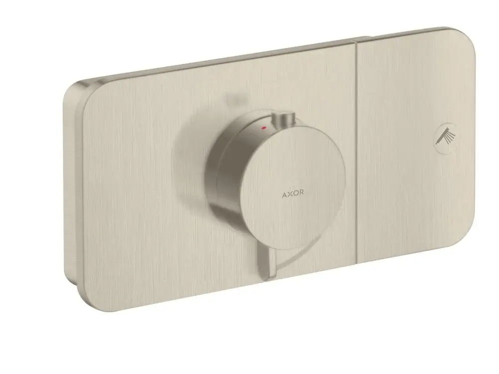 Thermostatmodul mit runder Regelungseinheit, montiert auf einer rechteckigen Platte. Das Produkt ist in gebürstetem Nickel und trägt das Logo von AXOR.